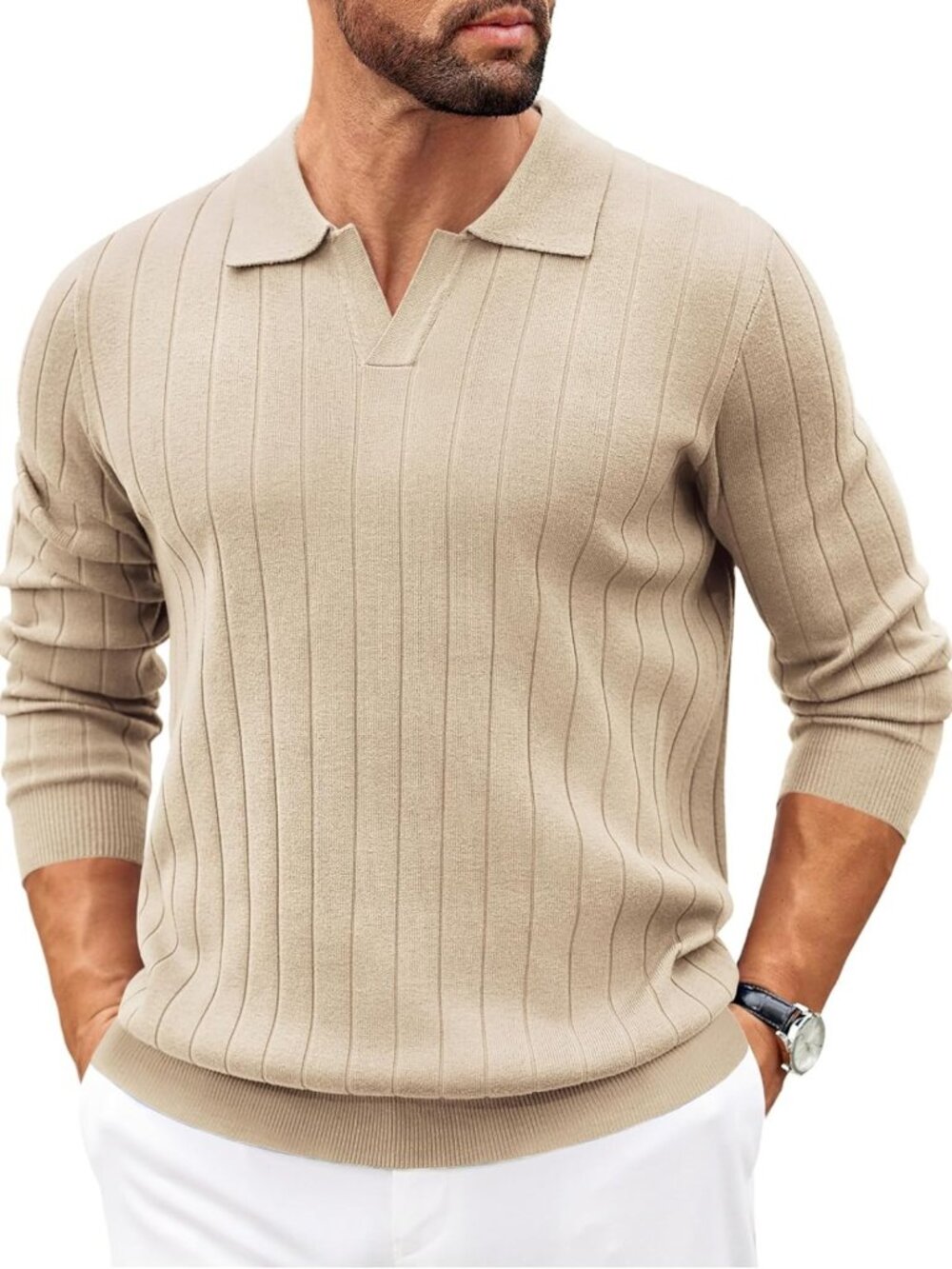 Lightweight Long Sleeve V-Neck Knit Polo Sweater for Men - Casual Pullover Top